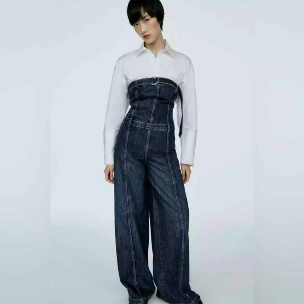 Zara STRAPLESS TRF DENIM JUMPSUIT. Navy Blue. Size M. New with Tags.